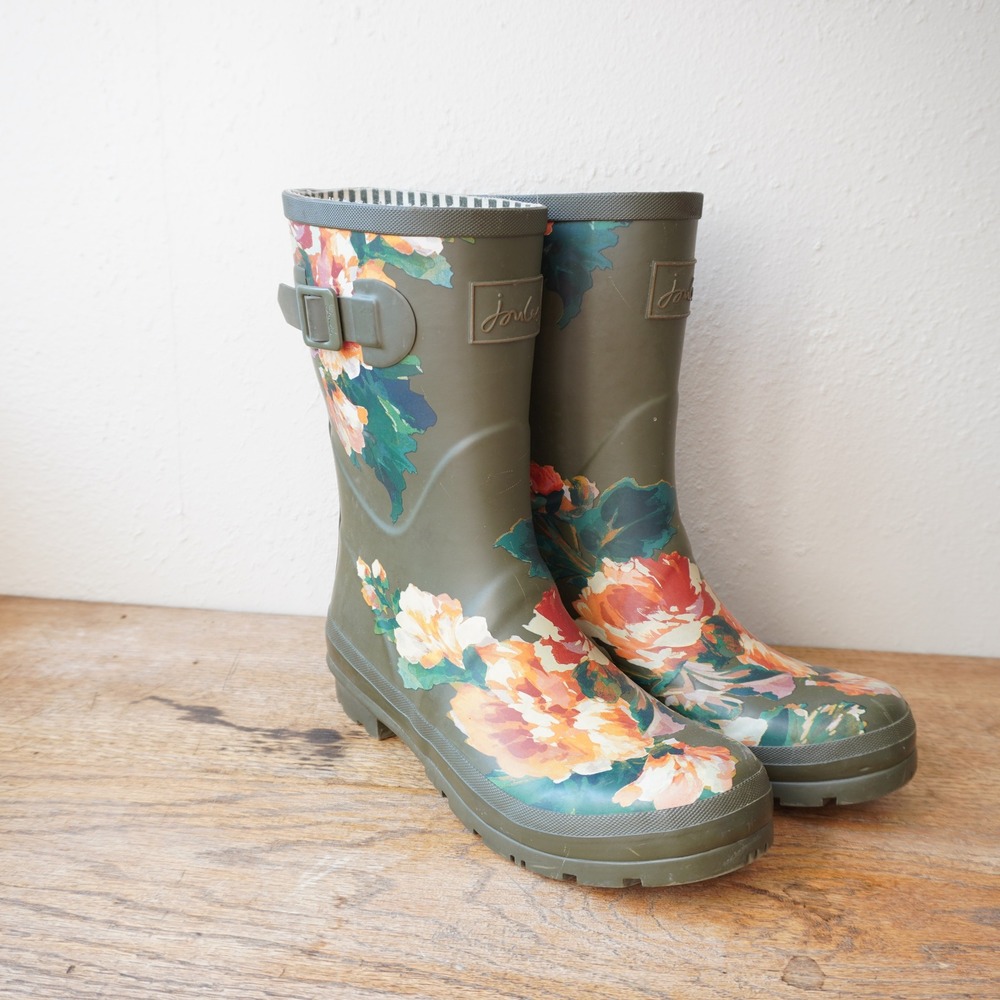 Joules Womens Size 9 Molly Floral Rain Boots Olive Green Mid Calf Rubber Wellies